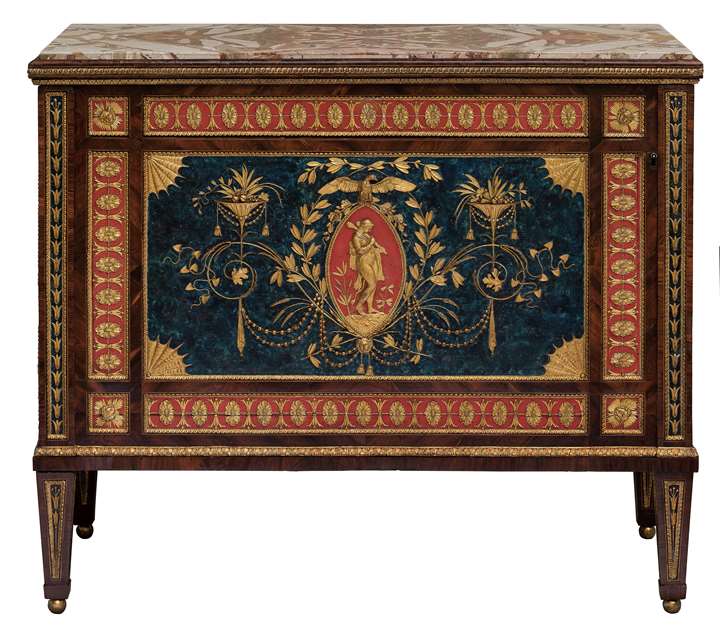 A Very Important Neoclassical Red and Blue Encaustic, Gilt Reliefs and precious woods marquetry Cupboard